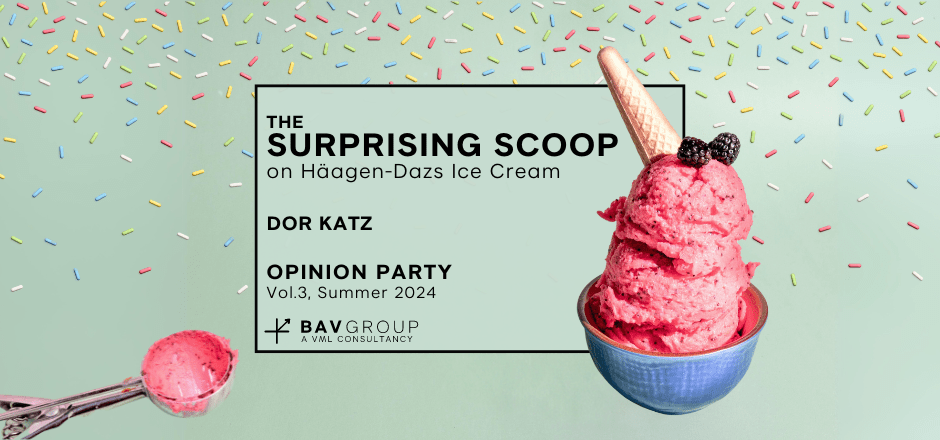 The Surprising Scoop on Häagen-Dazs Ice Cream | Opinion Party Vol 3 | Summer 2024 | BAV Group | Mint green background with ice cream sprinkles falling from top, cute scoop of ice cream in a bowl and a scoop