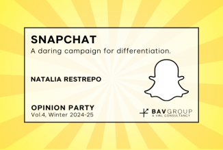 Yellow sunburst background with word: Snapchat - a daring campaign for differentiation by Natalia Restrepo || Vol.4, Winter 2024-25 OPINION PARTY from BAV Group || Snapchat Ghost Icon