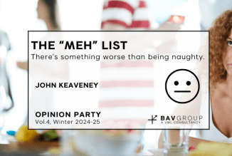 Image of woman looking bored at a party || Text THE "MEH" LIST There's something worse than being naughty. || John Keaveny | OPINION PARTY Vol.4, Winter 2024-25 | BAV Group