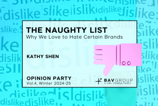 The Naughty List: Why We Love to Hate Certain Brands by Kathy Shen with image of a big thumbs down and word dislike repeated in background